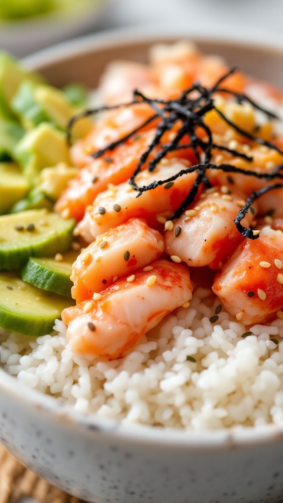 A delicious California roll bowl with fresh ingredients.