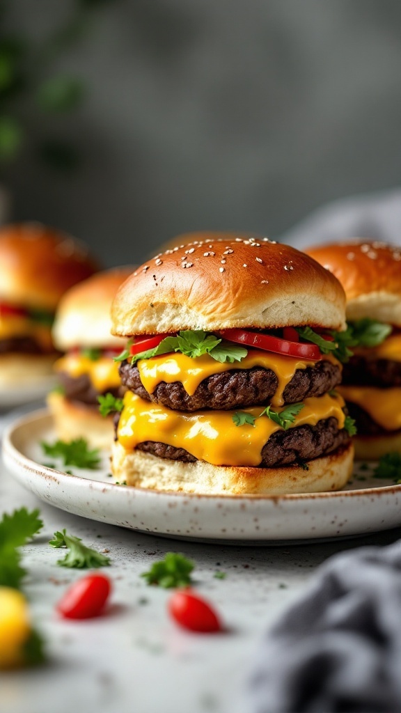 Classic cheeseburger sliders stacked with cheese and fresh toppings