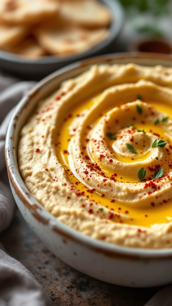 A bowl of creamy classic chickpea hummus garnished with olive oil, paprika, and herbs.