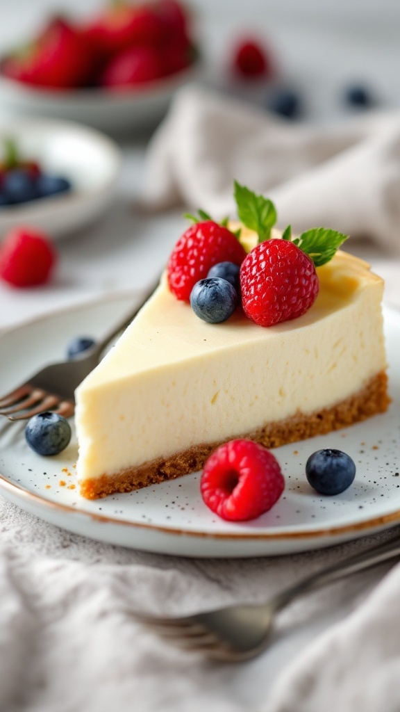 Slice of classic cottage cheese cheesecake topped with berries