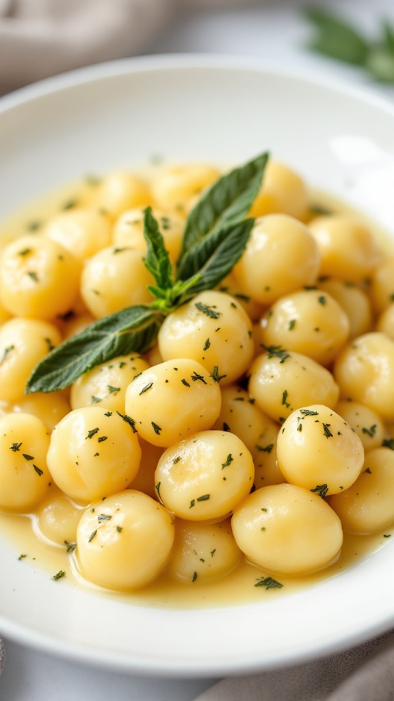 A bowl of classic potato gnocchi garnished with fresh sage leaves.