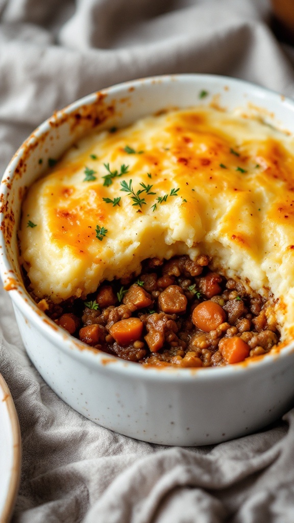 A classic shepherd's pie with a golden mashed potato topping.