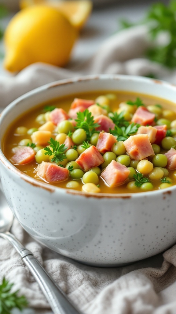 A bowl of classic split pea soup with ham, garnished with parsley.