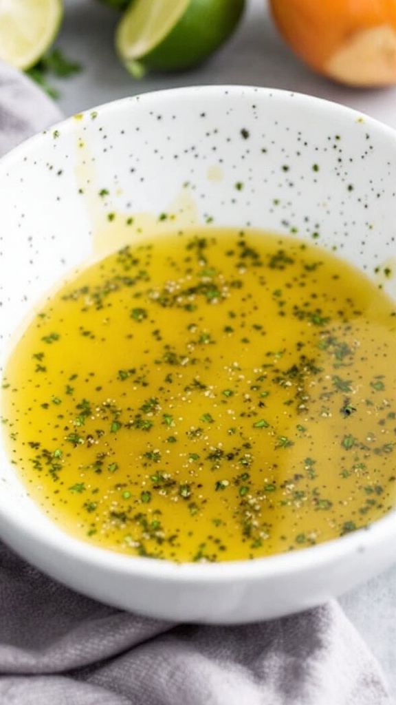 A bottle of homemade vinaigrette on a plate with spices and herbs around it.