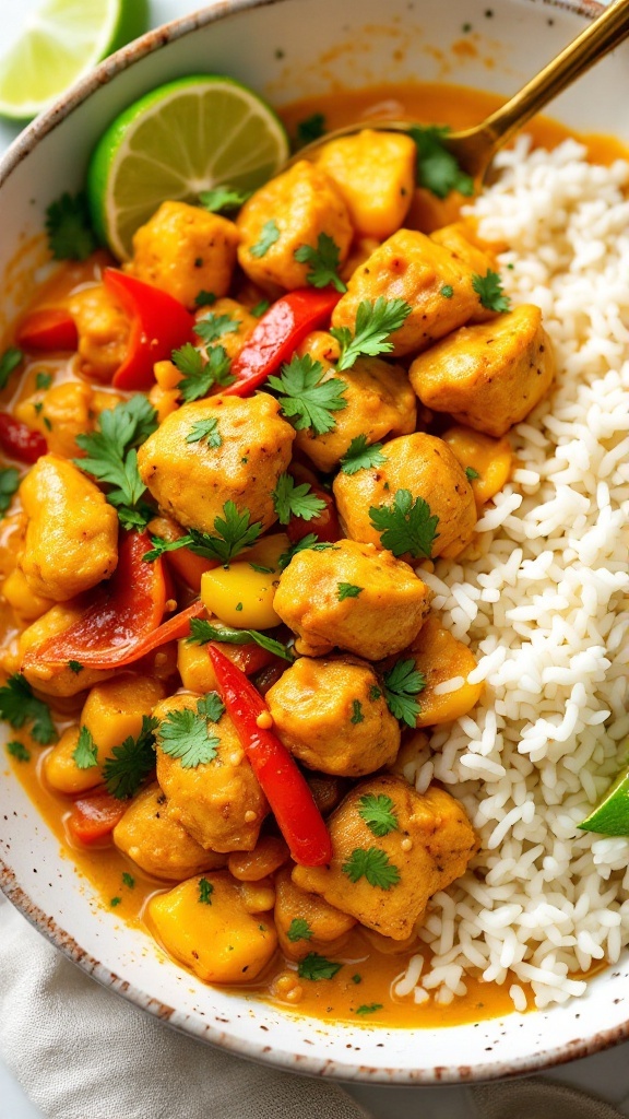 A bowl of coconut curry chicken with rice and garnished with cilantro