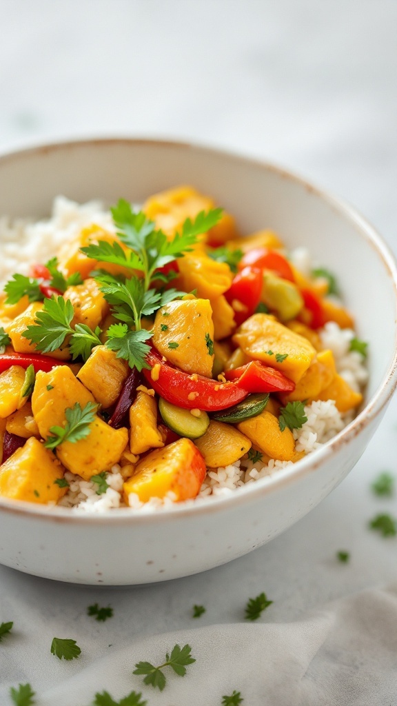 A bowl of coconut curry chicken stir fry with vegetables and rice.