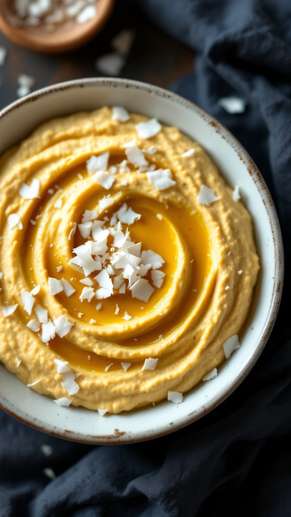 Bowl of Coconut Curry Hummus with pita chips and coconut flakes on top