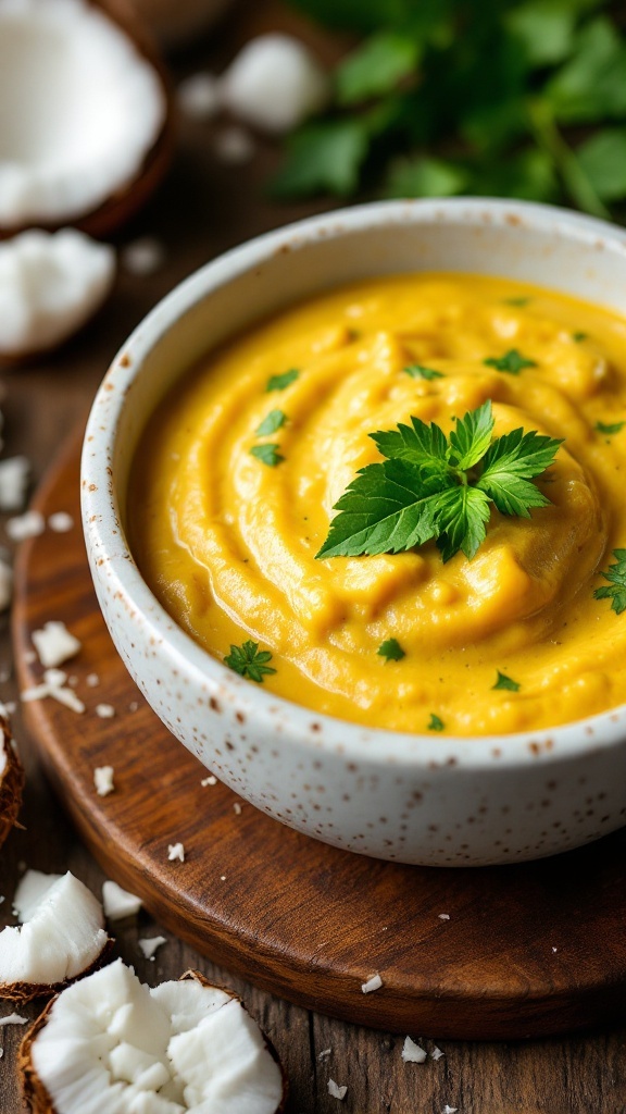 A bowl of creamy coconut curry sauce garnished with fresh herbs.