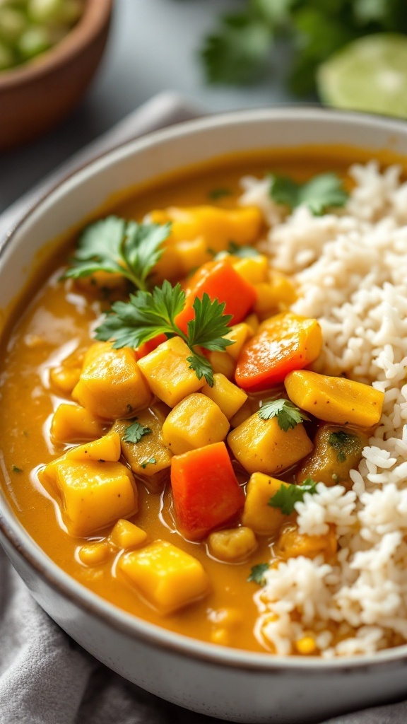 A bowl of coconut curry vegetable stew served with rice.