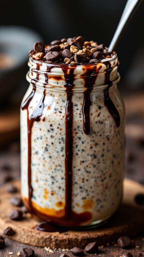 A jar of coffee infused overnight oats topped with chocolate syrup and cocoa beans.