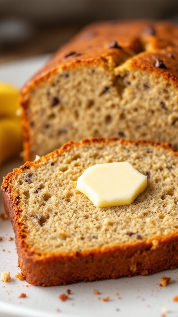 A slice of cottage cheese banana bread with a pat of butter on top.