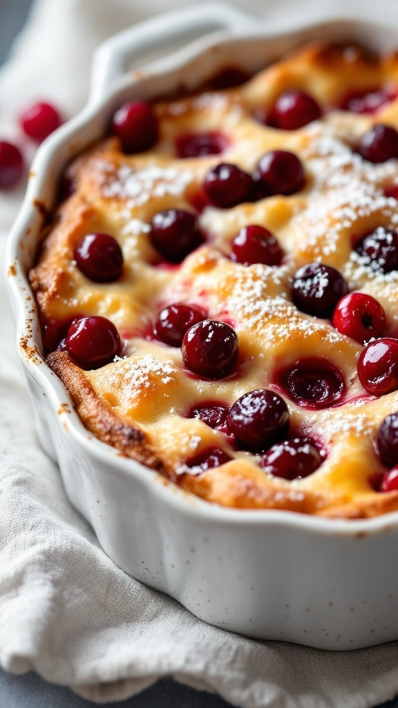 A baked cherry clafoutis dessert with powdered sugar