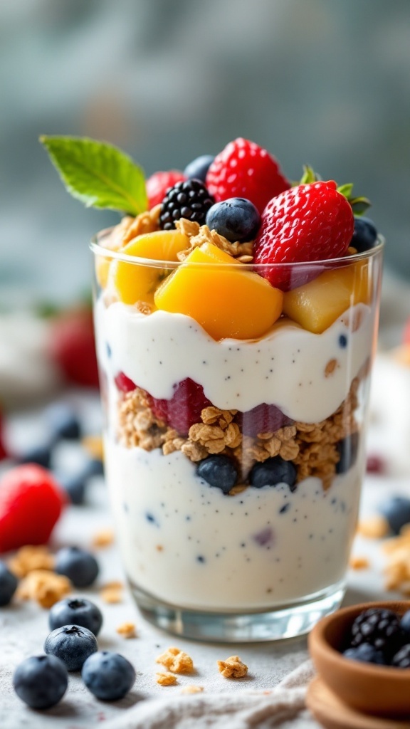 A delicious cottage cheese fruit parfait with layers of cottage cheese, fresh fruits, and granola.