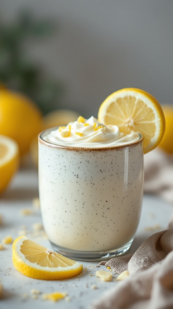 A glass of creamy lemon pudding topped with whipped cream and a slice of lemon.