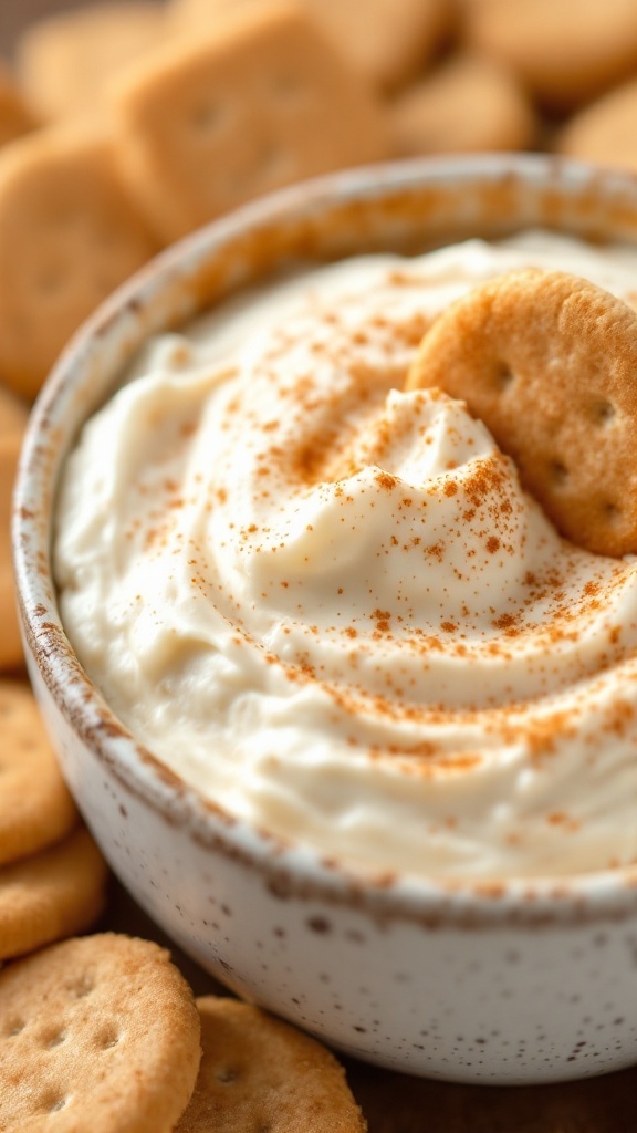 Creamy cottage cheese dip served with graham crackers, topped with cinnamon.