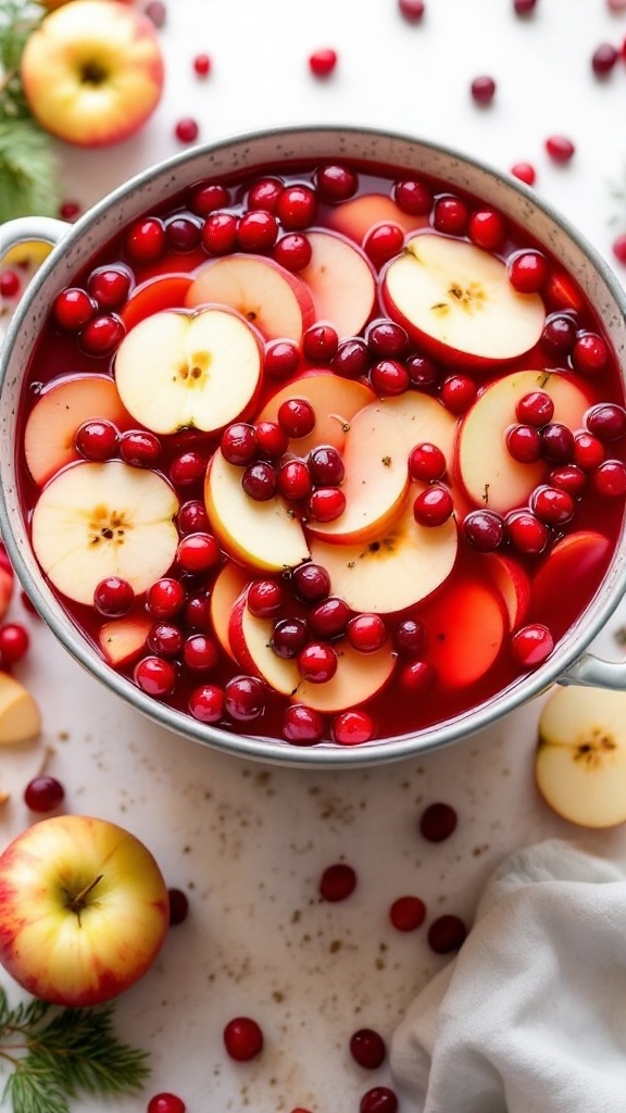 A bowl of cranberry apple punch filled with apple slices and cranberries