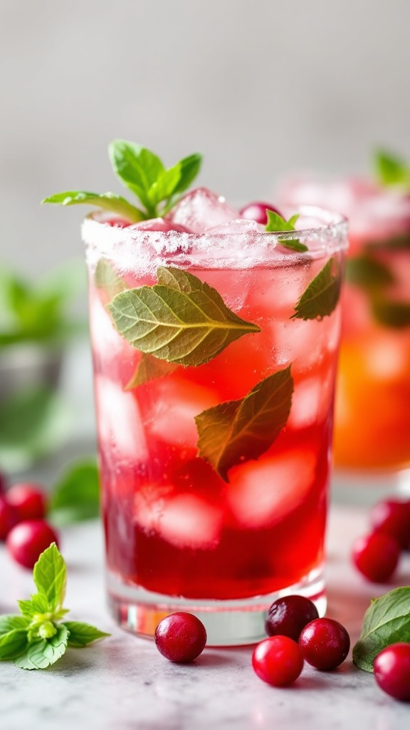 A refreshing cranberry basil cocktail with ice and basil leaves