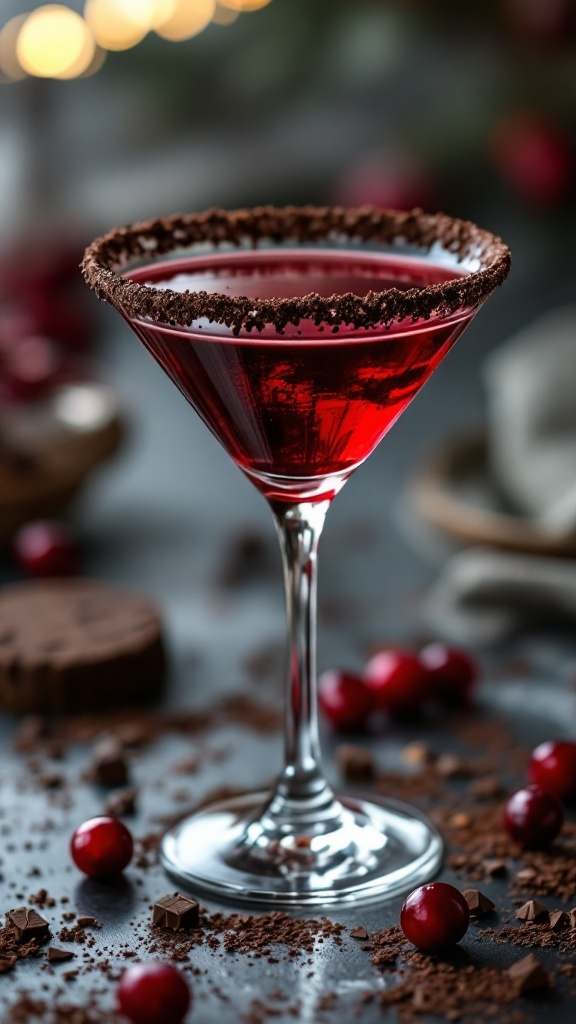 A vibrant cranberry chocolate martini garnished with chocolate shavings and fresh cranberries, perfect for festive occasions.