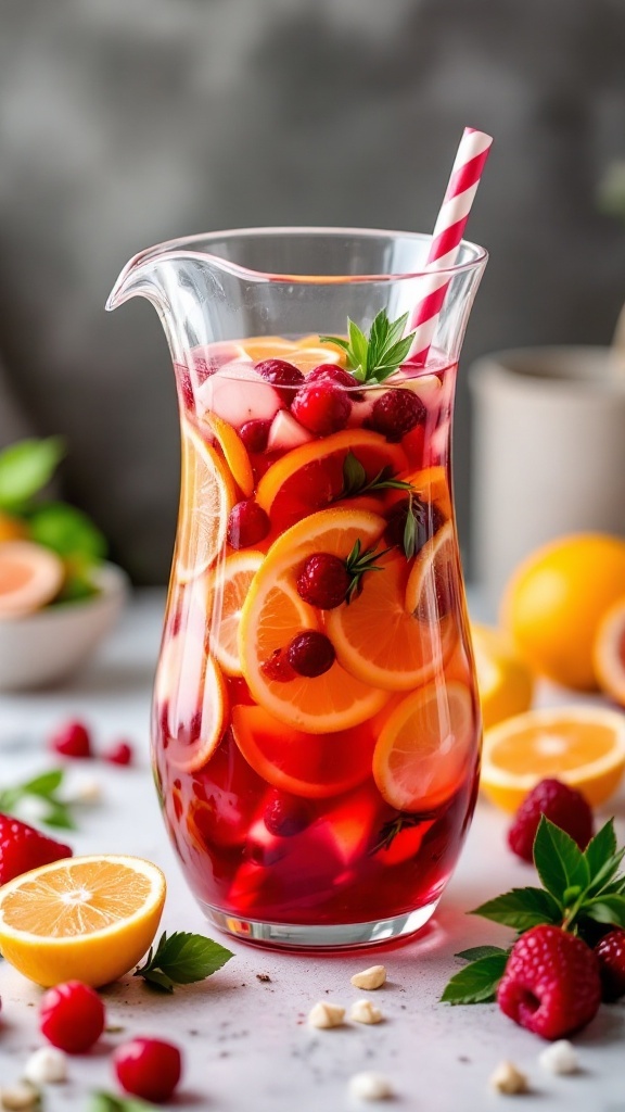 A refreshing pitcher of cranberry citrus sangria with slices of orange, lemon, and lime.