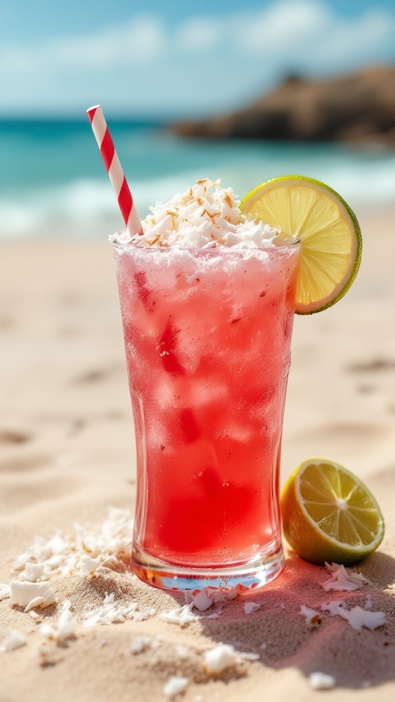 A refreshing cranberry coconut cocktail with coconut flakes and lime on a beach.