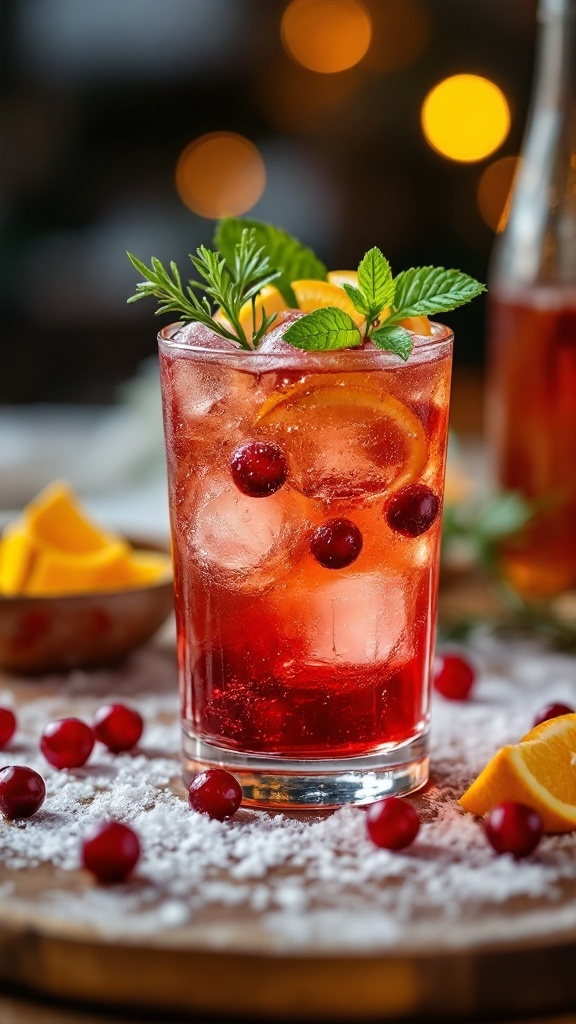 A refreshing cranberry ginger ale cocktail garnished with mint and cranberries.