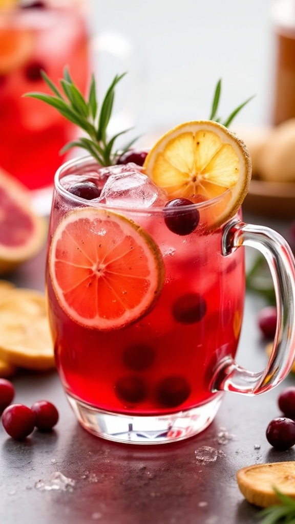 A copper mug filled with a refreshing cranberry ginger mule cocktail, garnished with fresh cranberries and lime.