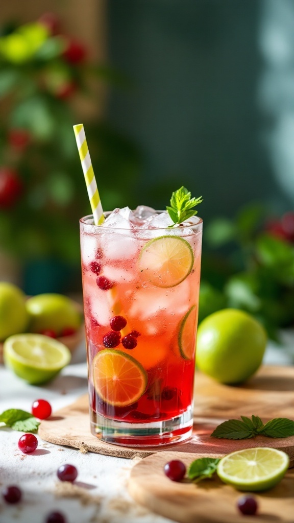 A refreshing cranberry limeade fizz cocktail with slices of lime and fresh cranberries.