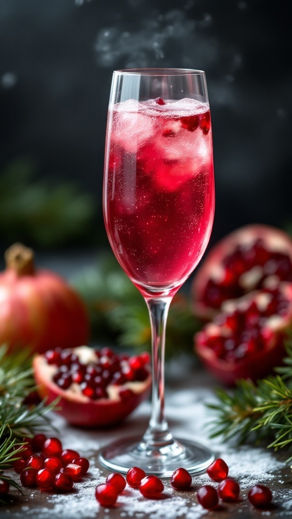 A glass of cranberry mimosa garnished with cranberries