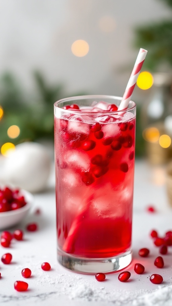 A refreshing red drink garnished with pomegranate seeds and served with a straw.