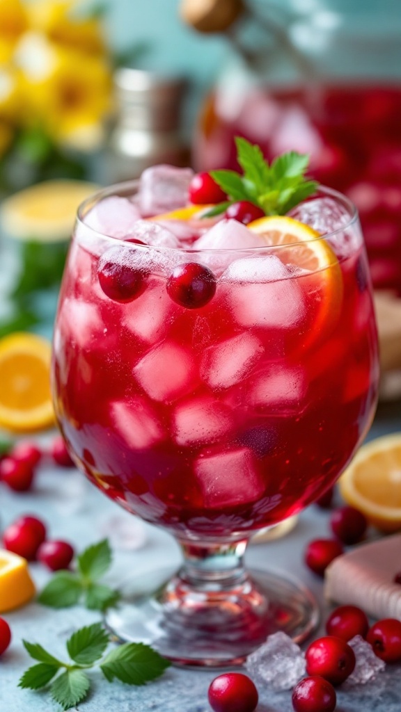 A vibrant glass of cranberry rum punch with ice, garnished with fresh cranberries and orange slices.