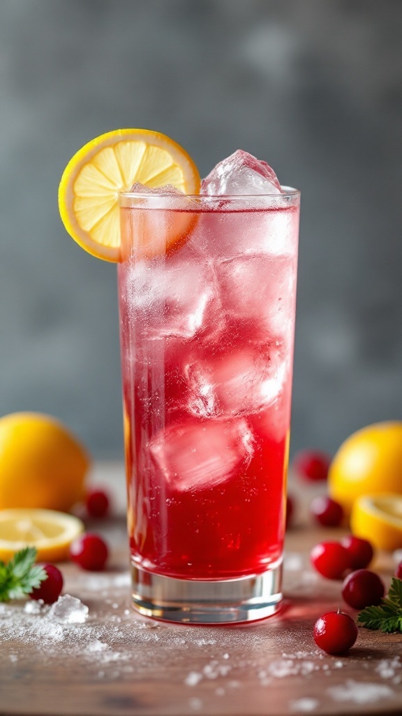 A refreshing glass of Cranberry Vodka Collins cocktail with ice and lemon slice garnish