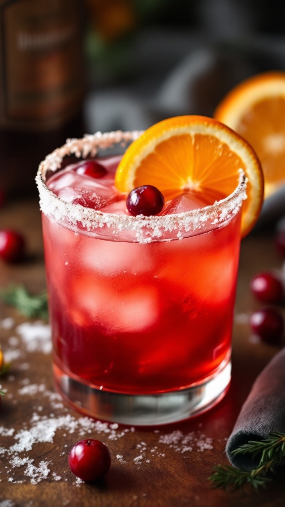 A refreshing Cranberry Whiskey Sour cocktail garnished with cranberries and a lemon slice.