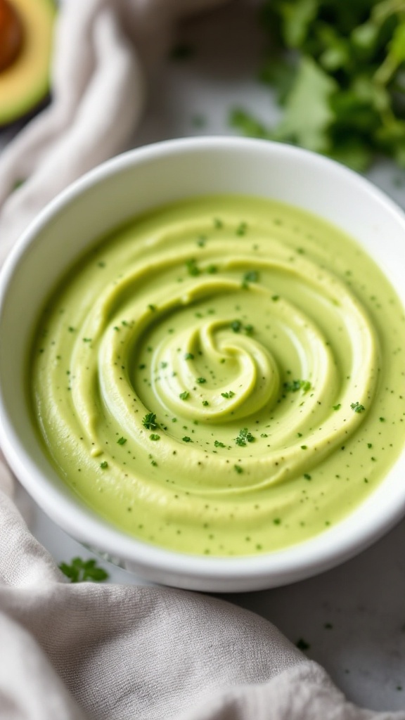 Creamy avocado dressing in a bowl, garnished with avocado slices and cilantro.