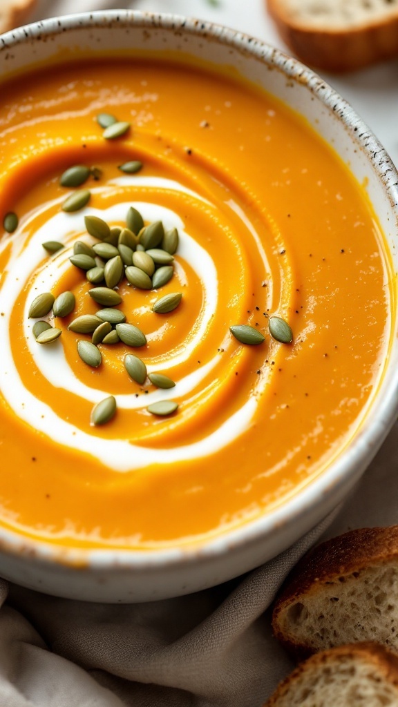 Creamy butternut squash soup topped with pumpkin seeds