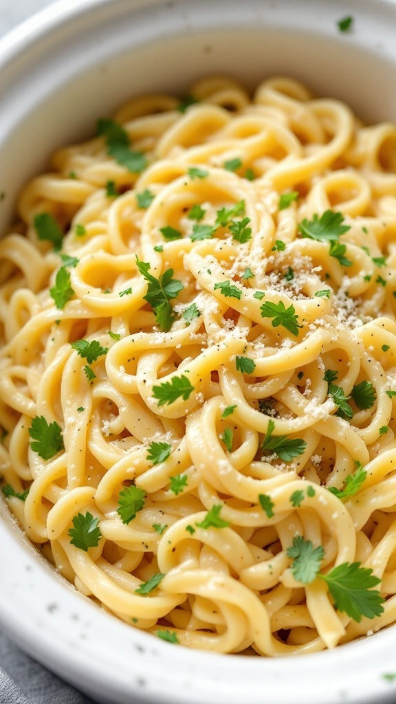 A bowl of creamy pasta garnished with parsley.