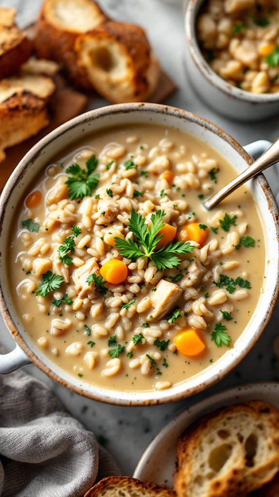 A bowl of creamy chicken and wild rice soup topped with fresh herbs.