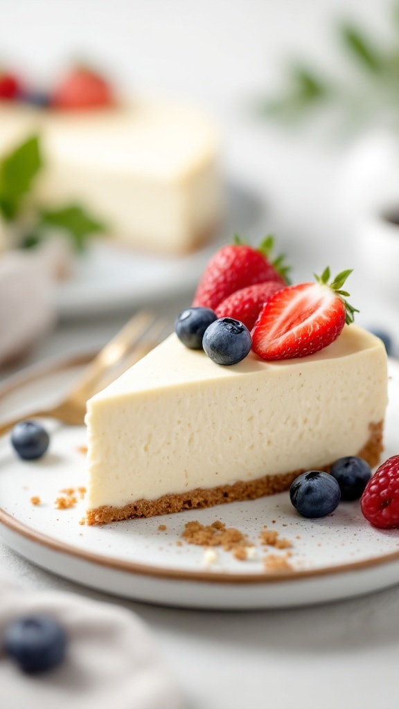 Slice of creamy cottage cheese cheesecake topped with fresh strawberries and blueberries.