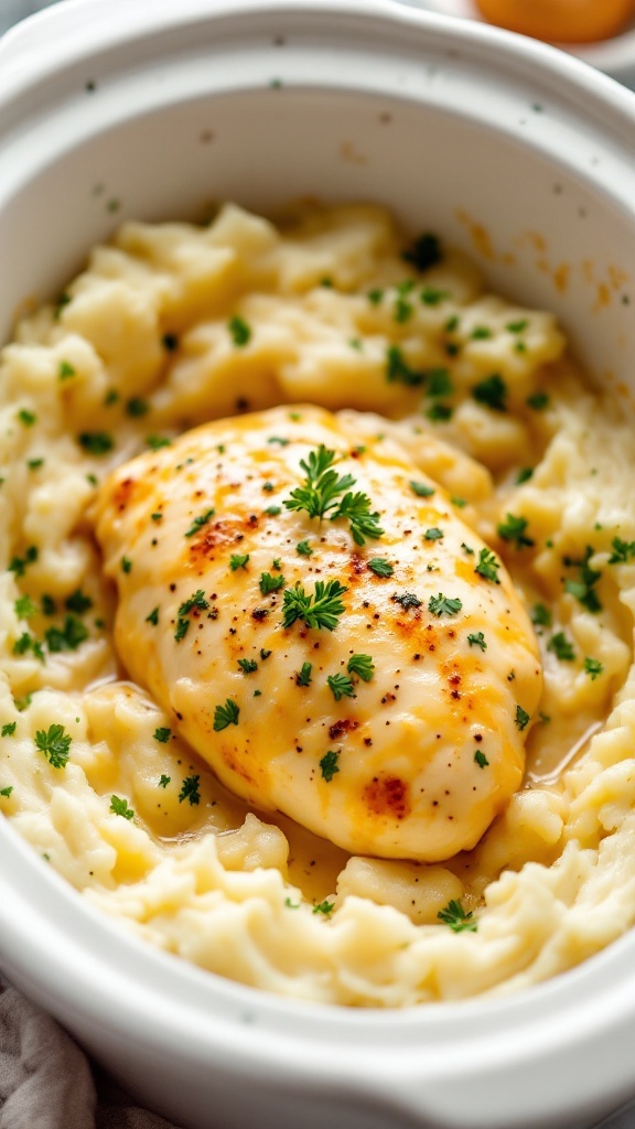 Creamy garlic parmesan chicken served with mashed potatoes and garnished with parsley.