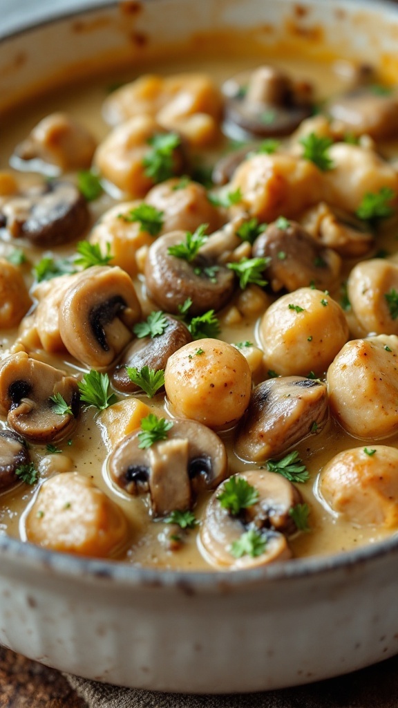 Creamy Mushroom and Chicken Stew in a bowl