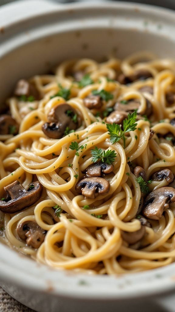 Creamy mushroom pasta garnished with parsley