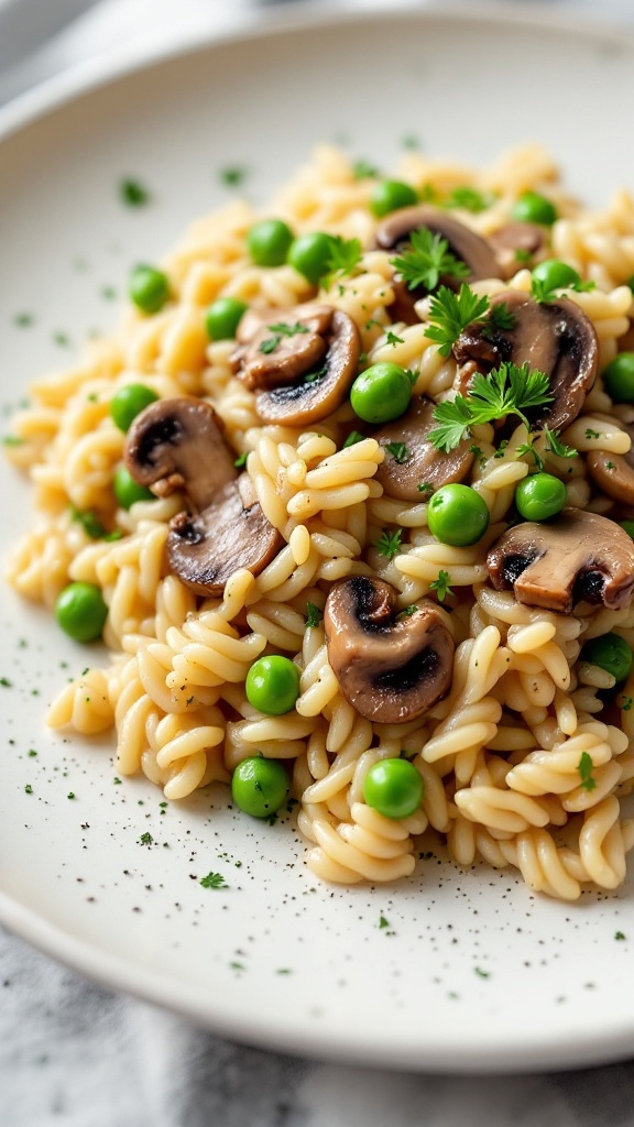 A plate of creamy orzo with mushrooms and peas garnished with parsley.