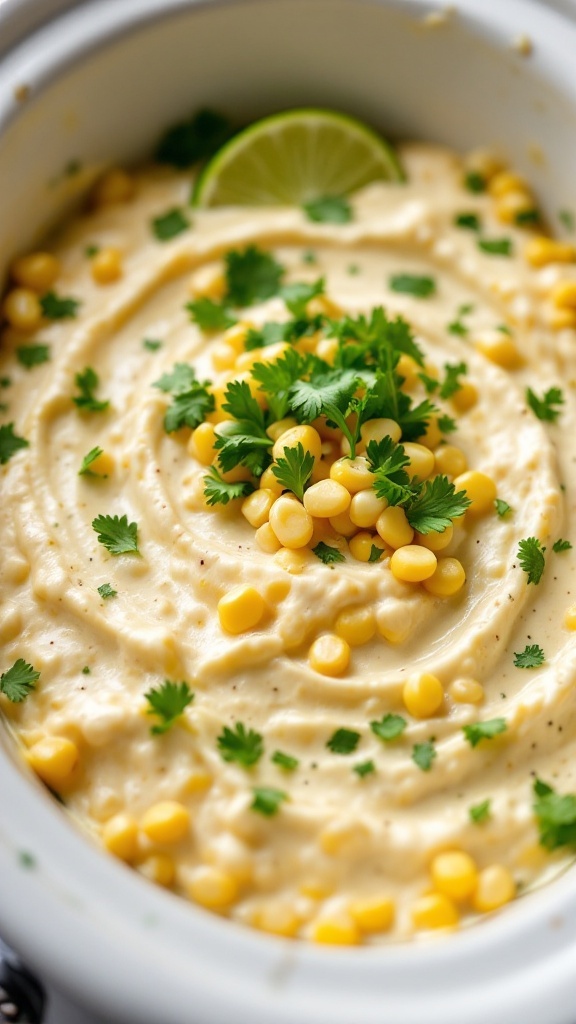 Creamy Ranch Corn Dip in a crockpot garnished with cilantro and corn