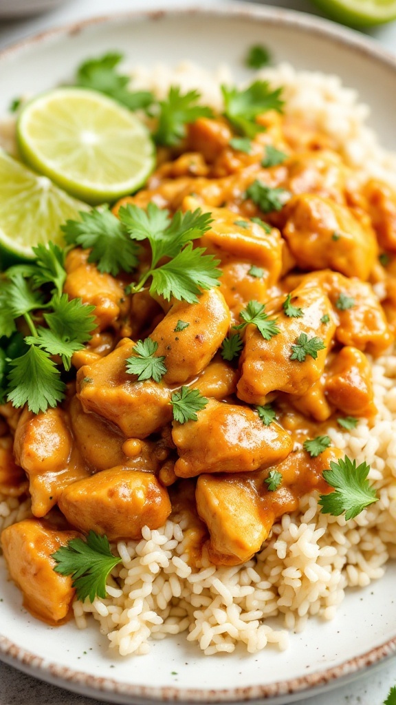 A delicious plate of creamy salsa verde chicken served over rice with fresh cilantro and lime.