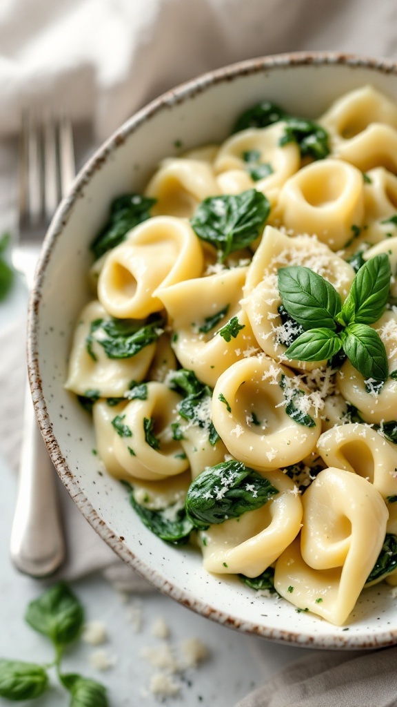 Bowl of creamy spinach and cheese tortellini