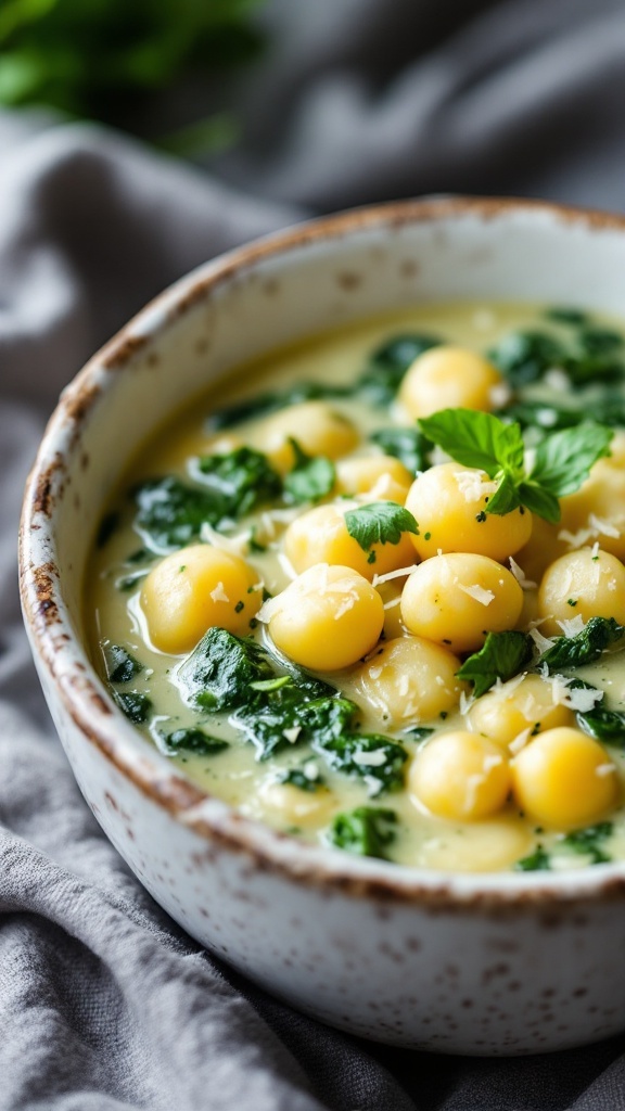 A bowl of creamy spinach and gnocchi soup garnished with basil