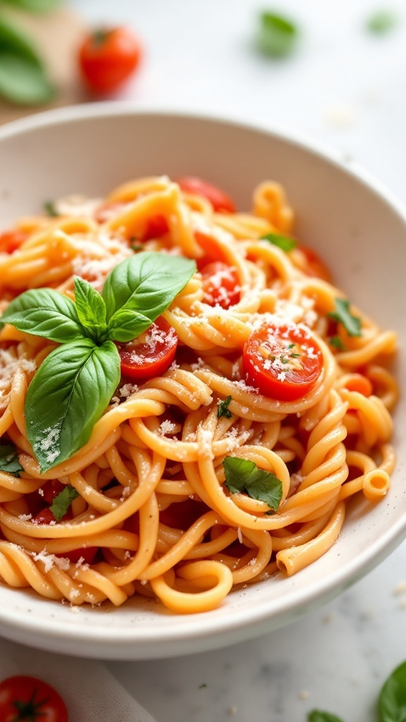 A bowl of creamy tomato basil pasta garnished with fresh basil and cherry tomatoes.