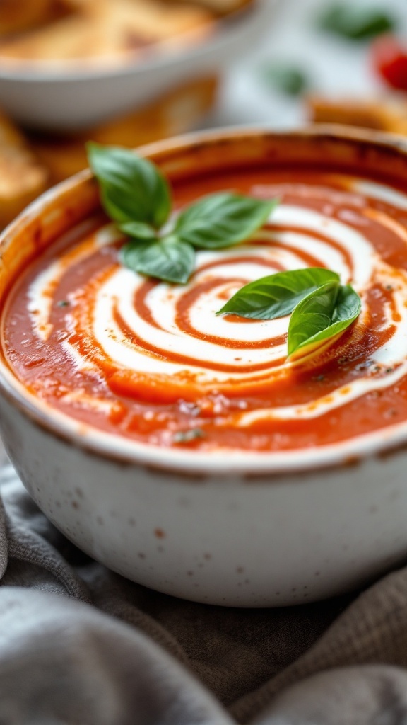 A bowl of creamy tomato basil soup with a swirl of cream and fresh basil leaves on top.