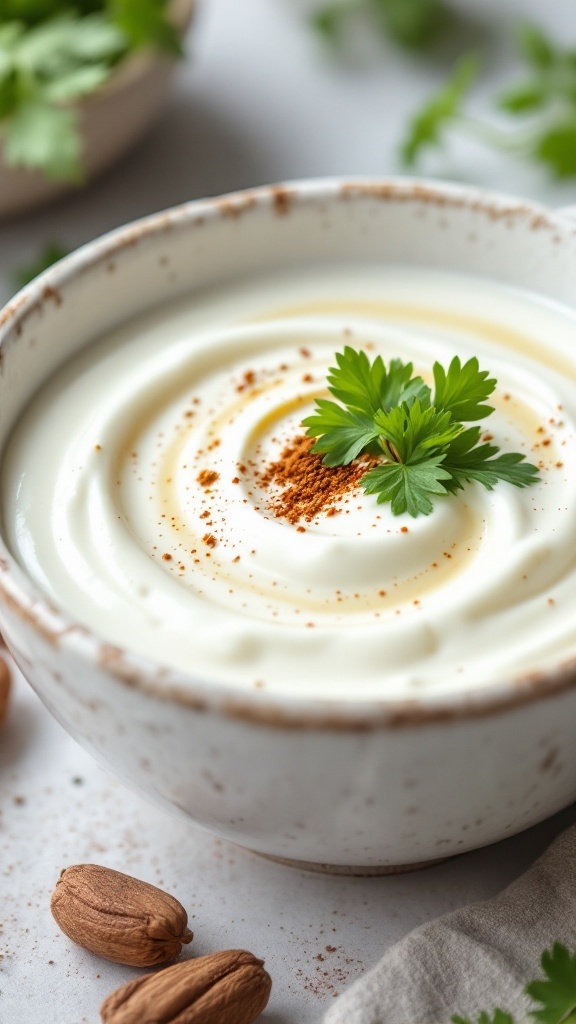 Bowl of creamy yogurt with spices and herbs