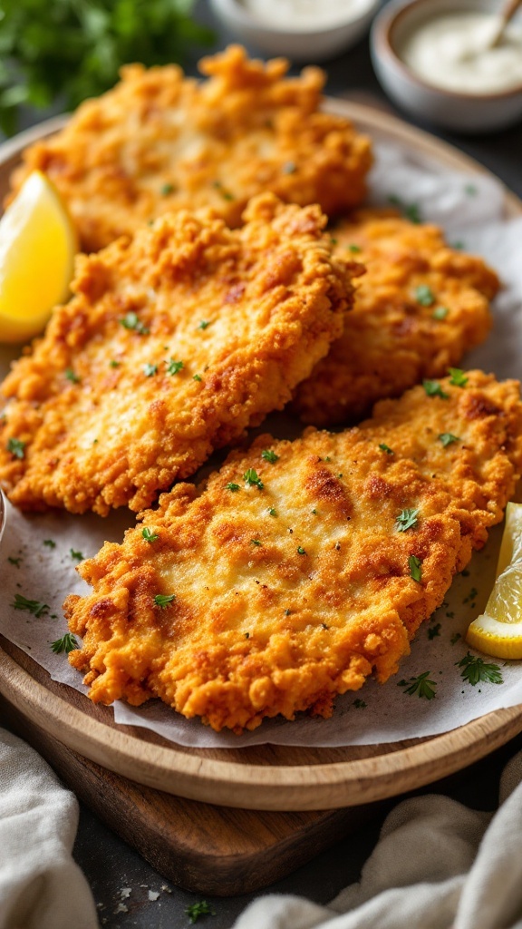 Crispy air fryer chicken schnitzel served with lemon wedges.