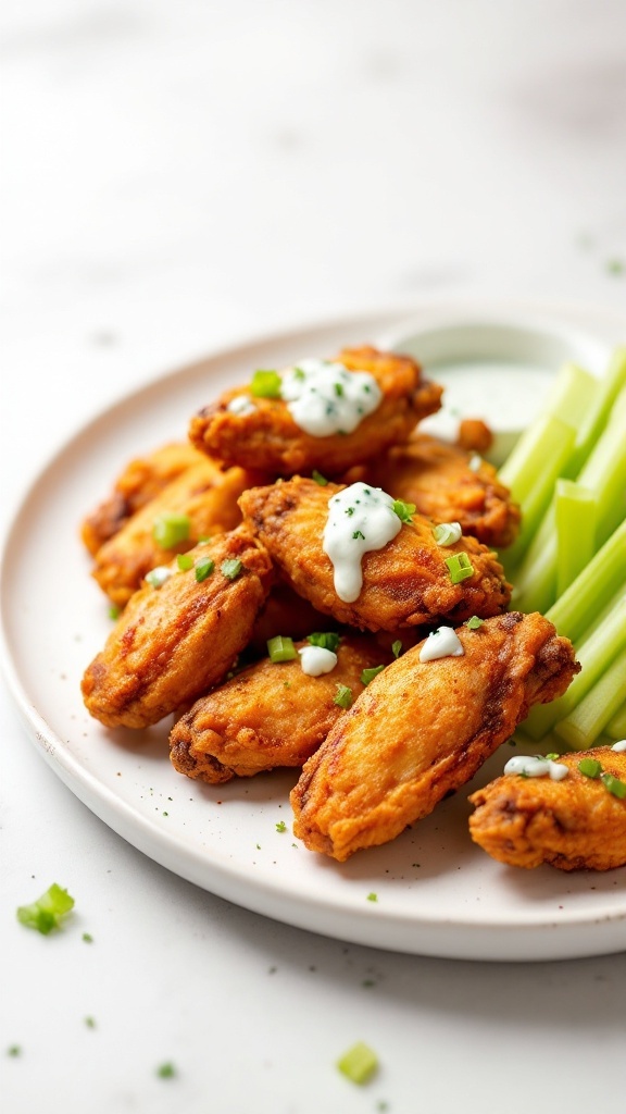 Plate of crispy air fryer chicken wings with dipping sauce and celery sticks.